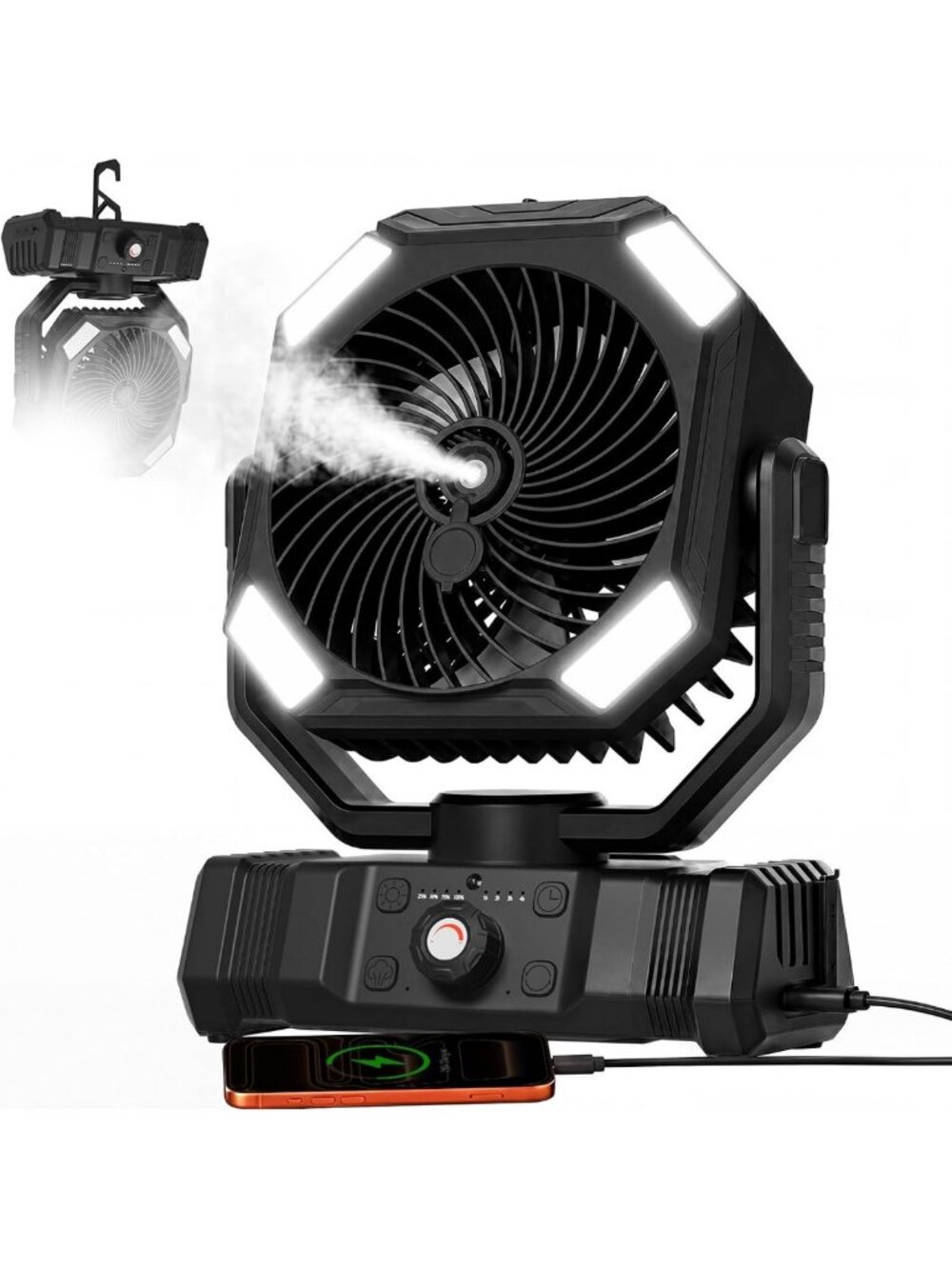 Portable 5-in-1 Misting Fan with Rechargeable Battery, LED Light & Remote